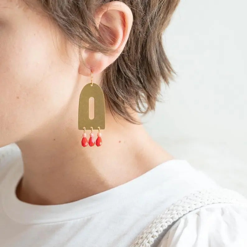 Red Bead and Brass Arch Earrings