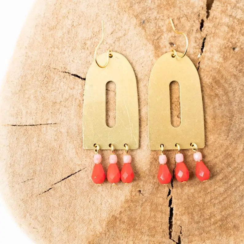 Red Bead and Brass Arch Earrings