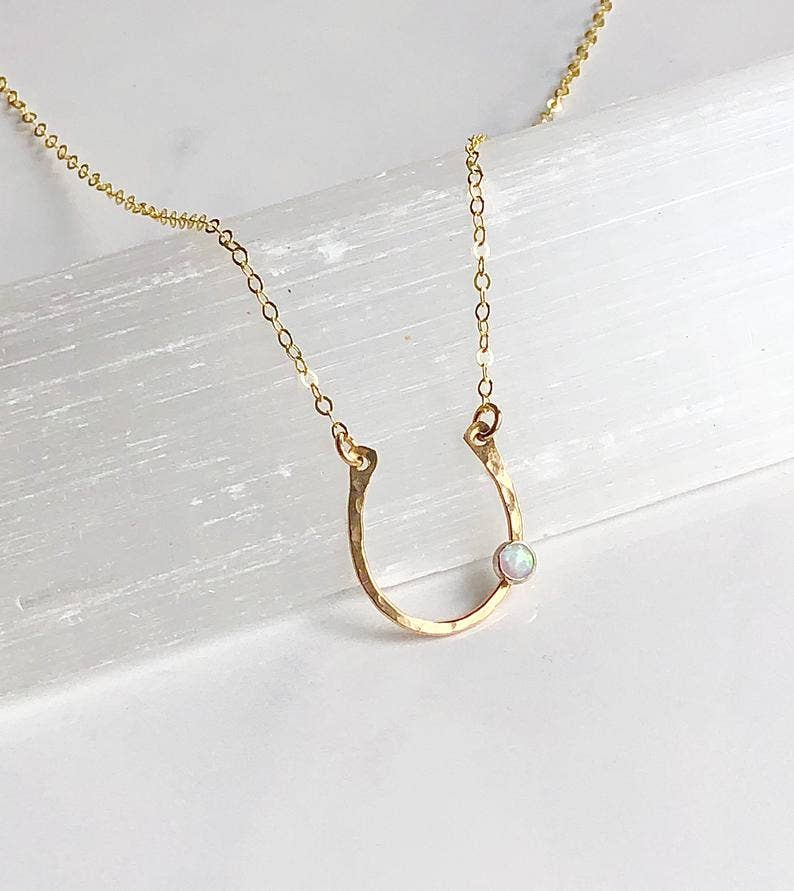 Lucky Horseshoe Necklace - Opal - 14k Gold Fill