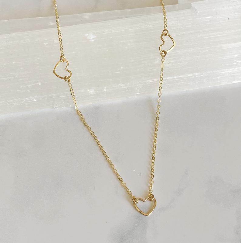 Triple Tiny Heart Necklace ~ Gold